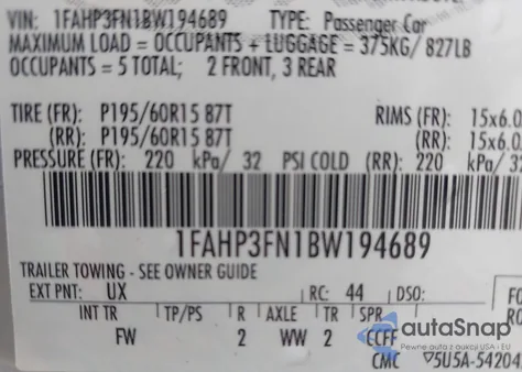2011 Ford Focus Se from USA, damaged, VIN 1FAHP3FN1BW194689